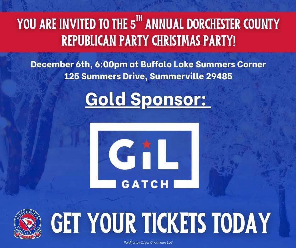 Join us for our 5th Annual Dorchester GOP Christmas Party! Sat, Dec 6th @ 6PM 🎄  

A huge thank you to <a href="/GilGatch/">Gil Gatch</a> for being a GOLD Sponsor of this year’s event!  

🎫 Tix: dcrp.ticketspice.com/christmas-part…  

📍 Buffalo Lake - Summers Corner  
125 Summers Dr, Summerville  

Carol