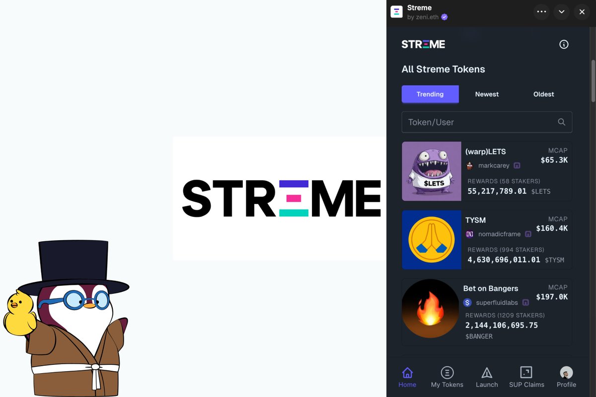 0x_theintern's tweet image. A Mini App a day keeps boredom away! #MiniAppFinds

Streme - @StremeFun by @0xZenigame
AI agent that deploys native Super Tokens with built-in streaming, staking with streaming rewards, and Uniswap v3 liquidity. v2 is live!

Ape. Stake. Earn.
Try now!