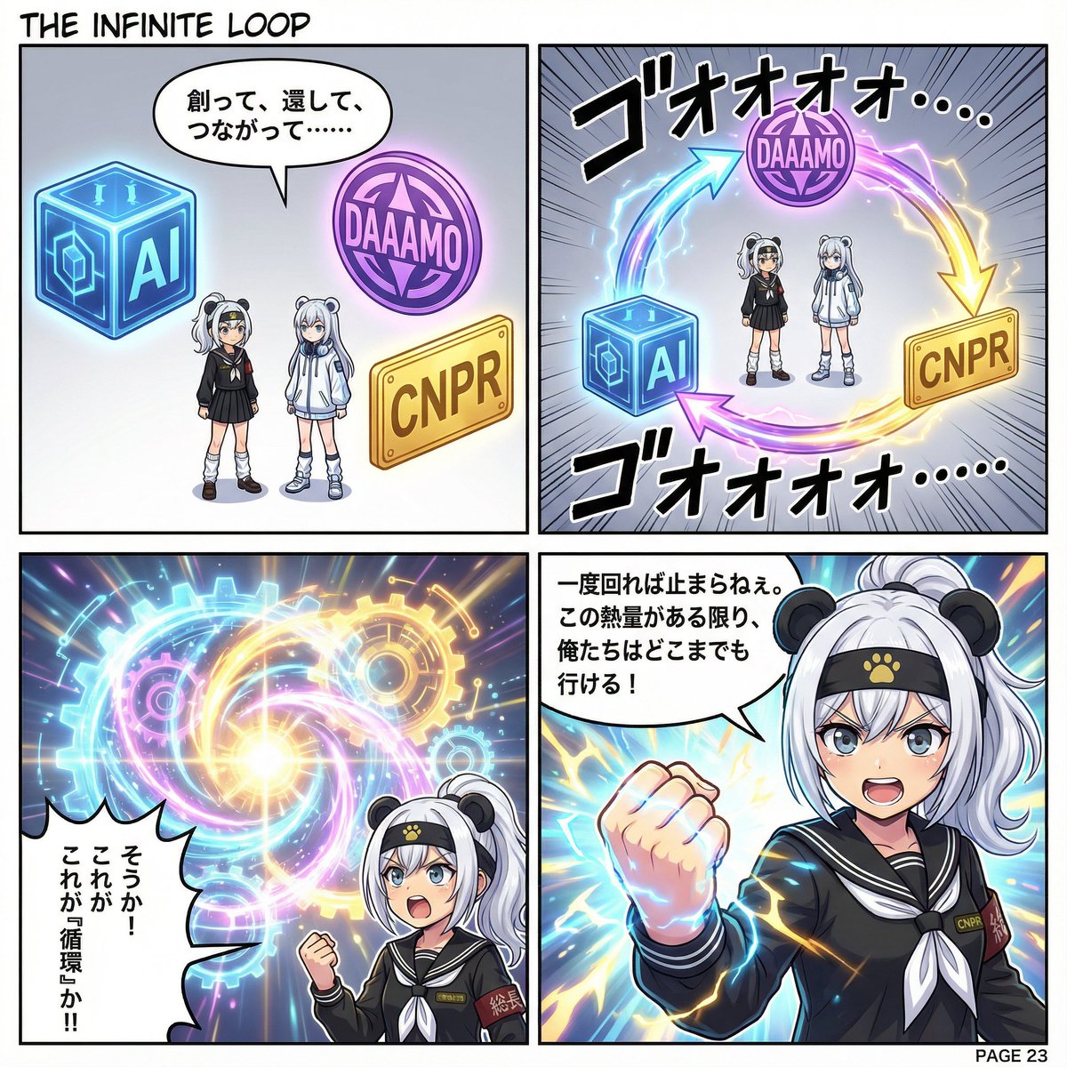 最終2枚目の始まり」

⬇️20枚目

A FULL COLOR manga page, Page 20.
**Concept: Breaking the barrier.**

**[Panel 1]**
* **Visual**: Rookie looks at her hand (which typed the prompt) and then at the audience.
* **Speech Bubble**: 「おい、見てるか？