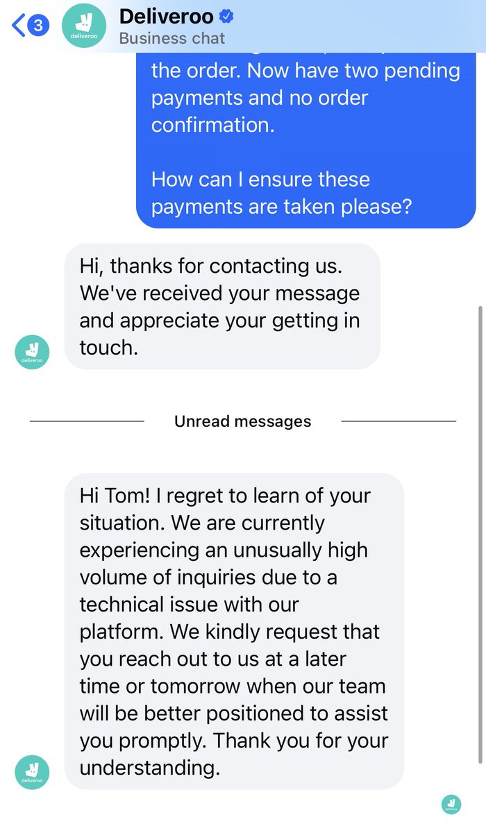 CCP_TomM's tweet photo. @Deliveroo @DeliverooHelp Is this response serious? “Sorry we’ve taken your money twice/not processed your order, but message us again later when we might help you”. How about you log a complaint and contact me, the customers whose money you’ve taken without providing a service? https://t.co/Vp4hXxanrh