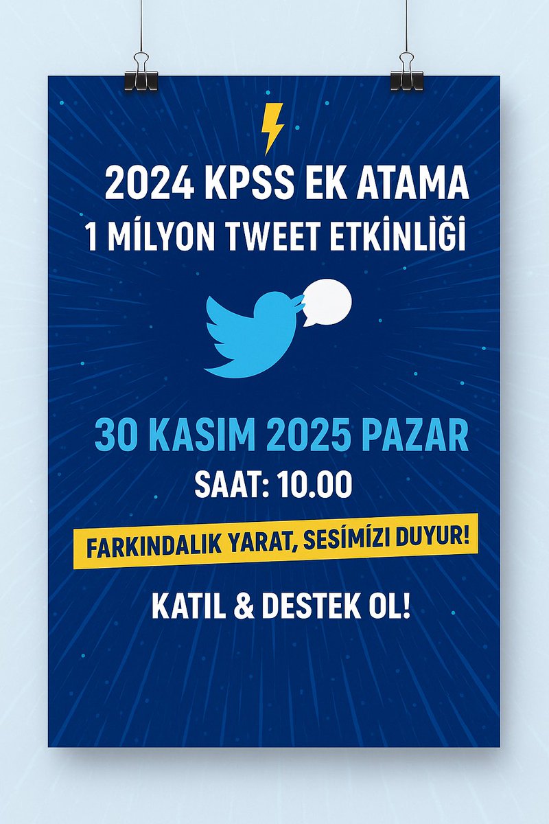 📢 2024 KPSS Ek Atama için Büyük Gün!

Öğretmenler olarak sesimizi duyurmak için 1 Milyon Tweet hedefiyle buluşuyoruz!
📅 30 Kasım
⏰ 10.00
🎯 Hedef: 1.000.000 Tweet

#EkYirmiBeşBinAtamaKPSS2024