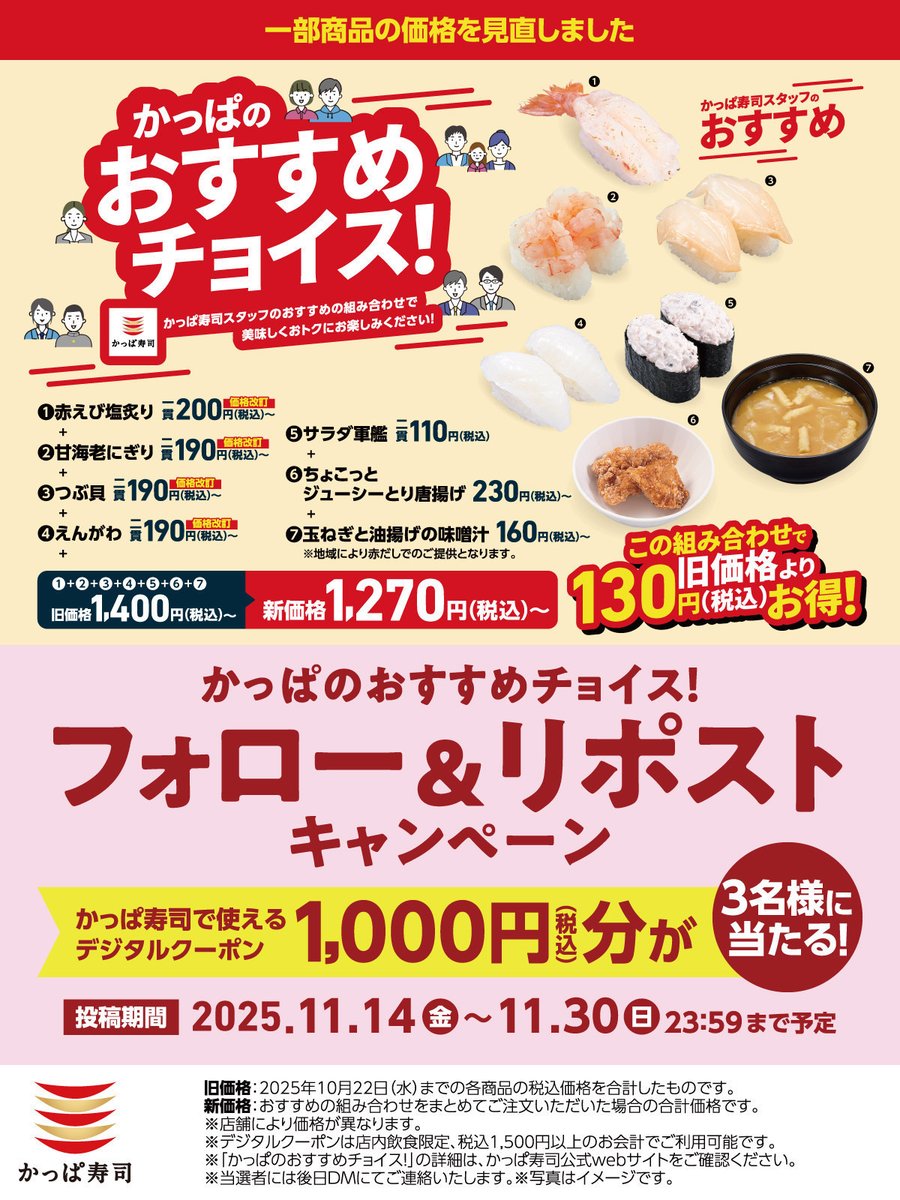 #一部商品の価格を見直しお求めやすくなりました
フォロリポキャンペーン
1️⃣ <a href="/kappasushi_jp/">かっぱ寿司【公式】</a> をフォロー
2️⃣この投稿をリポスト 抽選で3名様にかっぱ寿司で使るデジタルクーポン1,000円分🎁
応募:11/30(日)23:59迄✨

かっぱ寿司ならお得にお腹いっぱい食べられちゃう！
kappasushi.jp/osusume-choice