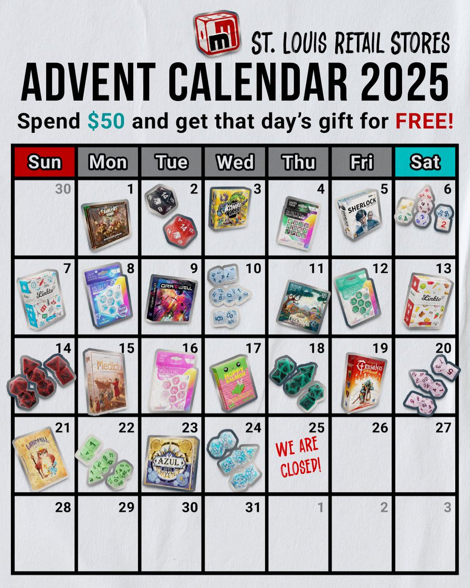 MiniMartTalk's tweet image. Our Retail Stores are doing an Advent Calendar Event!
If you stop by one of our Brick and Mortar stores between Dec 1st &amp;amp; Dec. 24th AND spend at least $60, you will get that day's gift for FREE!
Check out the calendar for images of our gifts!
#Holiday #FreeGifts #LGS #STL