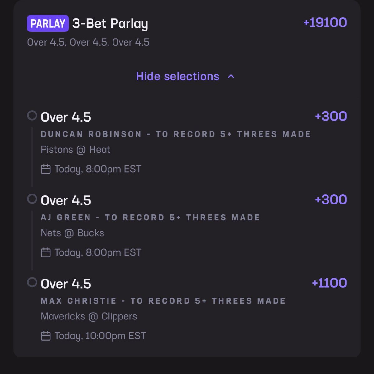 3️⃣’s 🪜 

🏀 Duncan 3+ in 9/10 (MIA 24th vs SF’s)
🏀 Dairy Bird 3+ in 7/10 (BRO 22nd vs SG’s)
🏀 Mad Max 3+ in 8/10 (LAC 26th vs SG’s)
🏀 Can ladder 3’s 4’s and 5’s if you want