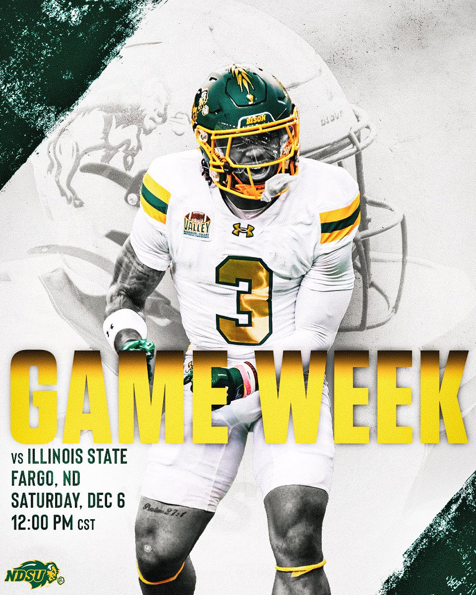 NDSUfootball's tweet photo. Post-season loading...🔋

🆚: Illinois State
📌: Fargo, ND
📅: Saturday, Dec 6
⏰: 12:00pm CST
📺: ESPN+
🎟️: https://t.co/LVgMK5EpHI https://t.co/7fFQWye1QZ