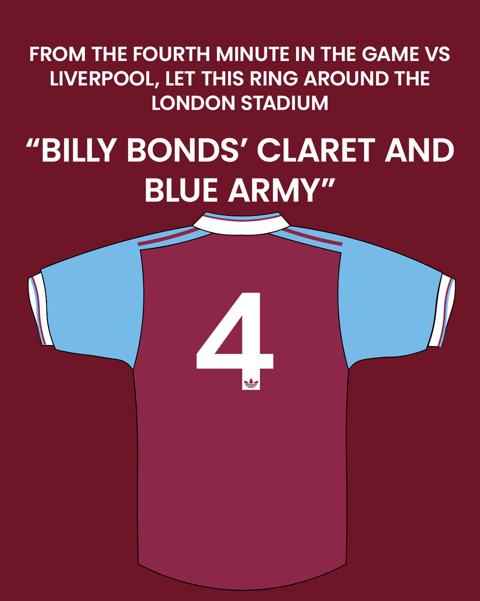 Share this far and wide, from the 4th minute tomorrow #WHULIV sing "Billy Bonds' claret and blue army" - we want Bill to know we're thinking of him. Screen shot this, send it to your mates, let's make this an unforgettable moment.  #COYI #WHUFC