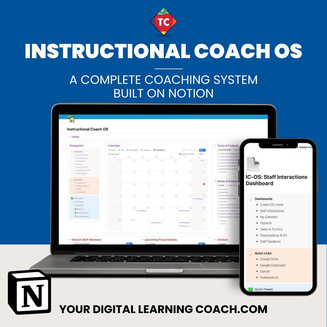 TeacherCast's tweet image. Are you an Instructional Coach looking to save time this ear, be prepared for all meetings, and have all of your PD presentations organized?
teachercast.net/coach-os
Please check out my new #NotionTemplate, InstructioanlCoachOS today!
#EDU #Education #Coaching #EduCoach
