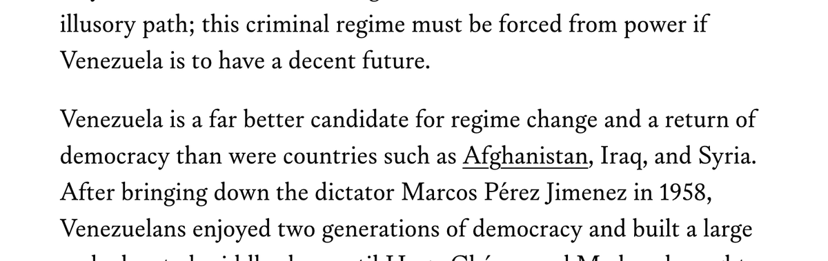 stephenwertheim's tweet image. Can&apos;t get over this line by Elliott Abrams: &quot;Venezuela is a far better candidate for regime change and a return of democracy than were countries such as Afghanistan, Iraq, and Syria&quot; — where Abrams also supported regime change!