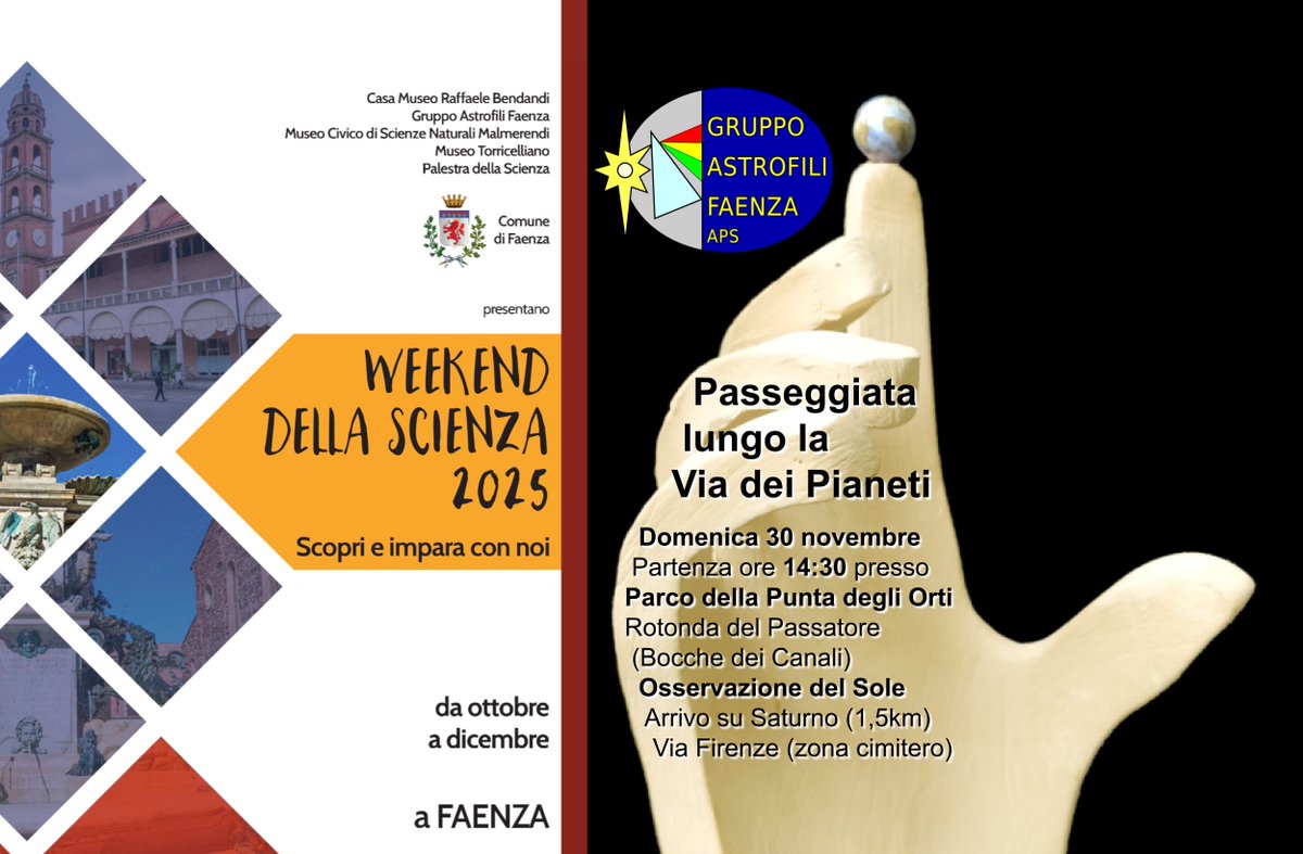 Domenica 30 novembre dalle 14:30 faremo una #passeggiata lungo la Via dei #Pianeti: il modello in scala 1:un miliardo del #SistemaSolare, con partenza dal parco della Punta degli Orti a #Faenza

Info: mobilizon.it/events/94a9738…

#astronomia #romagna #scienza