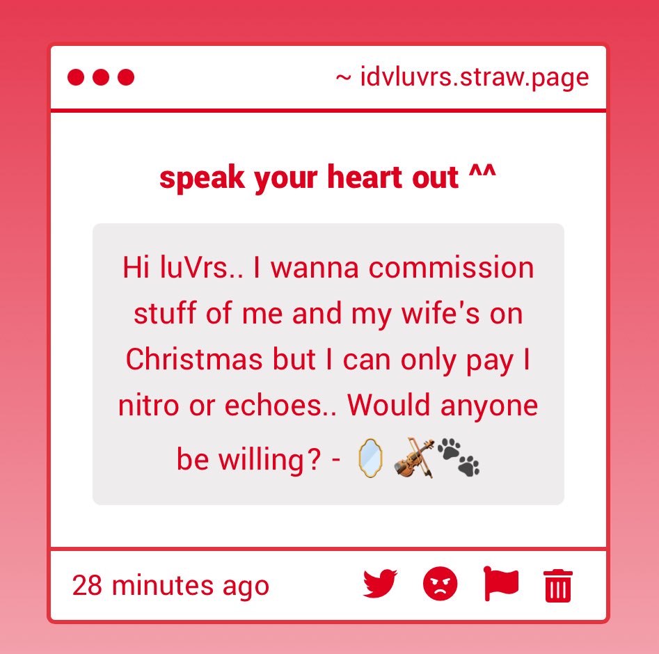identity_luVrs's tweet image. || strawpage ||

🪞🎻🐾 anon

ANY luVrs THAT TAKE ECHOES OR DISCORD NITRO AS PAYMENT FOR C👩‍🎨MMS?

⟢ link: idvluvrs.straw.page ⟢