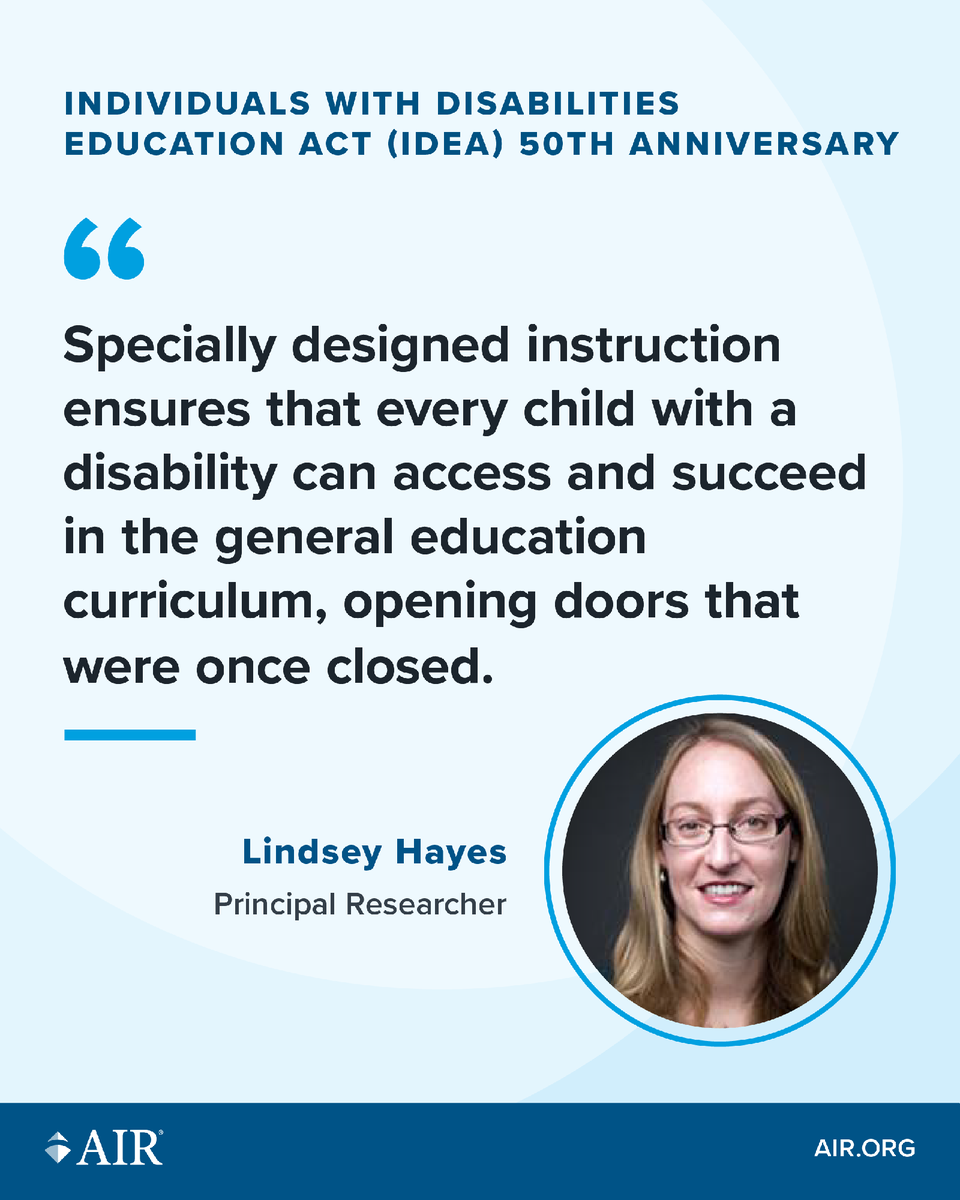 AIRInforms's tweet image. Nov. 29th is the 50th anniversary of #IDEA! 🎉AIR&apos;s Lindsey Hayes explains why #TeacherPrep is key to fulfilling its promise—and how innovative pathways can strengthen the profession.

Read the Q&amp;amp;A: air.org/resource/qa/ro…
