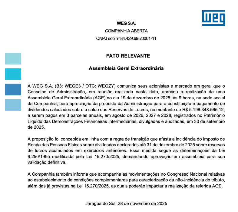 #WEGE3
Expectativa do governo: aumentar a arrecadação em cima das empresas
Realidade: WEG acelerando o cheque para o acionista

A empresa marcou AGE para pagar 5,2 bi em dividendos a partir da reserva de lucros, parcelados em três anos.