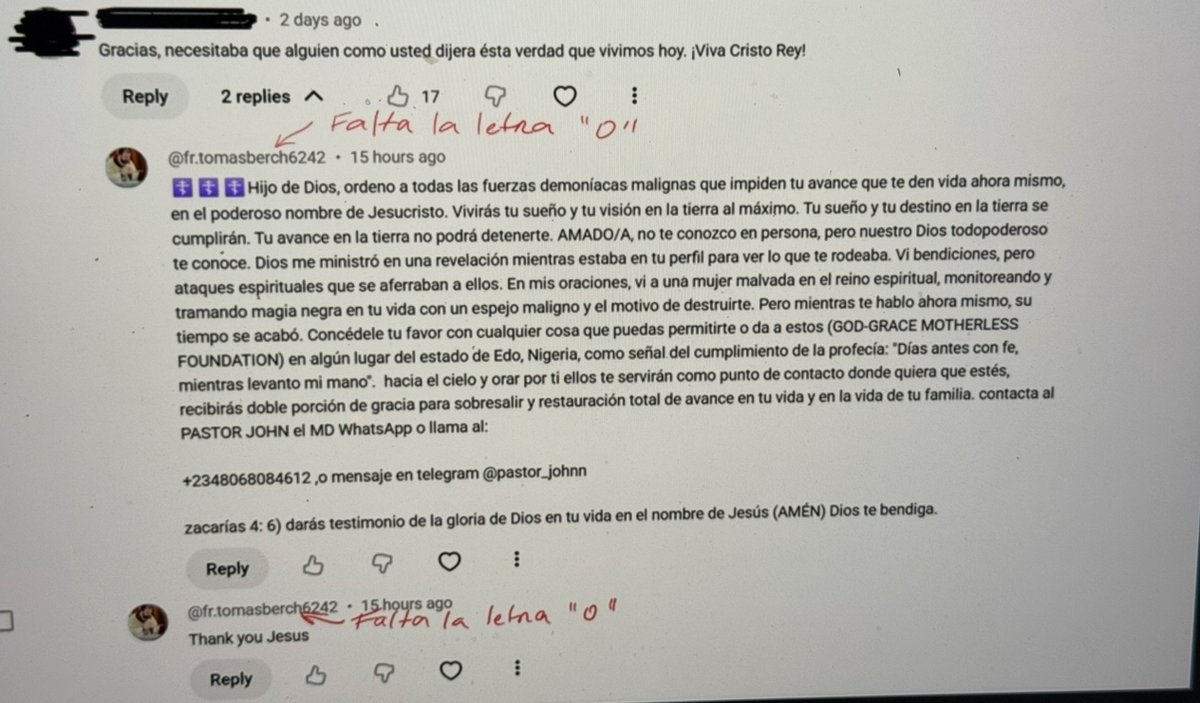 PadreTomasB's tweet photo. Hay un impostor que se está haciendo pasar por mi en las redes sociales y pidiendo dinero en mi nombre. Sepan que yo no les voy a pedir dinero por un mensaje de texto, ni por un mensaje público o privado.  

  Mi apostolado es gratuito y nadie debe quedarse sin aprovecharlo porque no pueda donar. Aquellos que colaboran con mi apostolado virtual, lo hacen libremente y a través de mi canal de YouTube, pero jamás cobraré por mi misión, puesto que la evangelización no debe venderse como si fuese un negocio. Quien colabora, lo hace libremente y sin coacción. Pero todos deben poder ser evangelizados, colaboren económicamente o no. 

  Si alguna vez les pido dinero será siempre dando la cara (con un video público donde ustedes pueden ver que soy yo el que habla) y siempre será no para uso personal sino para alguna misión concreta. Pero jamás se les pedirá dinero a través de mensajes de texto privados o públicos. Todo aquel que haga eso no soy yo sino que es un impostor. 

   Me pareció importante advertir esto, porque lamentablemente hay ladrones que están usando mi nombre para estafarlos. No caigan en esa trampa. 

  Bendiciones para todos.