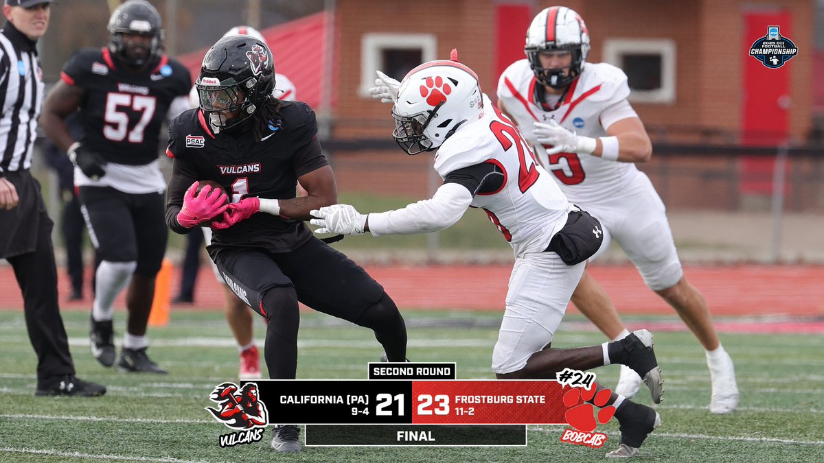 FB: California falls in NCAA Playoffs to Frostburg State

🏈 Agenor 16 att, 121 rush yds
🏈 Purcell 15-of-28, 196 pass yds, 2 TD
🏈 Johnson 4 rec, 64 yds, 2 TD
🏈 Taylor 10 tkls

Vulcans finish 9-4 overall after advancing to second round of post-season for consecutive year