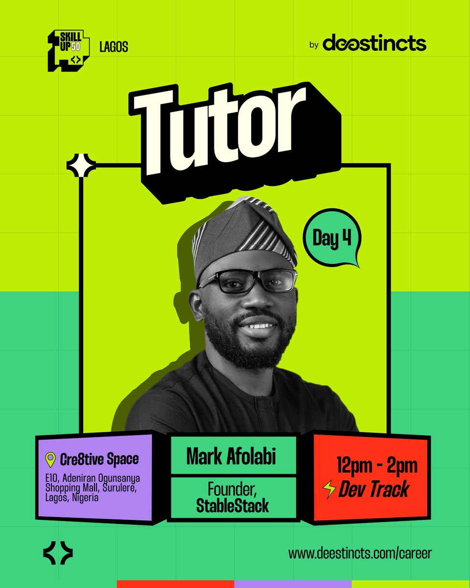 Deestincts_'s tweet photo. Day 4 comes with great value. 
Meet the Founder of @stablestack, Mark Afolabi. The dev track will have the privilege of interacting with him on how to hone their skills and monetize it. 

#SkillUp50 Lagos promises to not just train, but make participants market ready. https://t.co/Dd2f9eFnY4