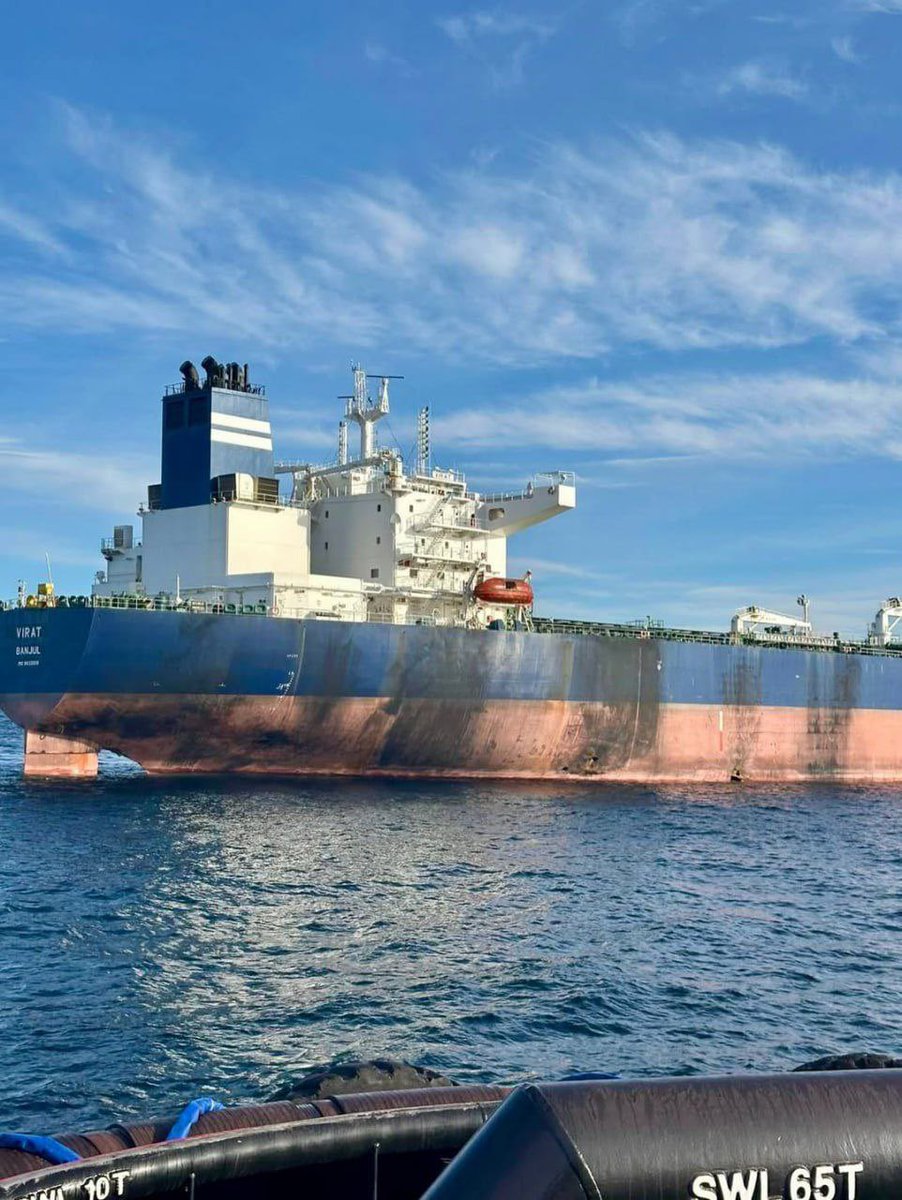 sentdefender's tweet image. Despite taking several direct hits from Ukrainian uncrewed surface vessels, both yesterday and last night, the Gambian-flagged oil tanker M/T VIRAT appears to still be afloat in the Southern Black Sea, with all fires onboard the vessel having been extinguished as she is…