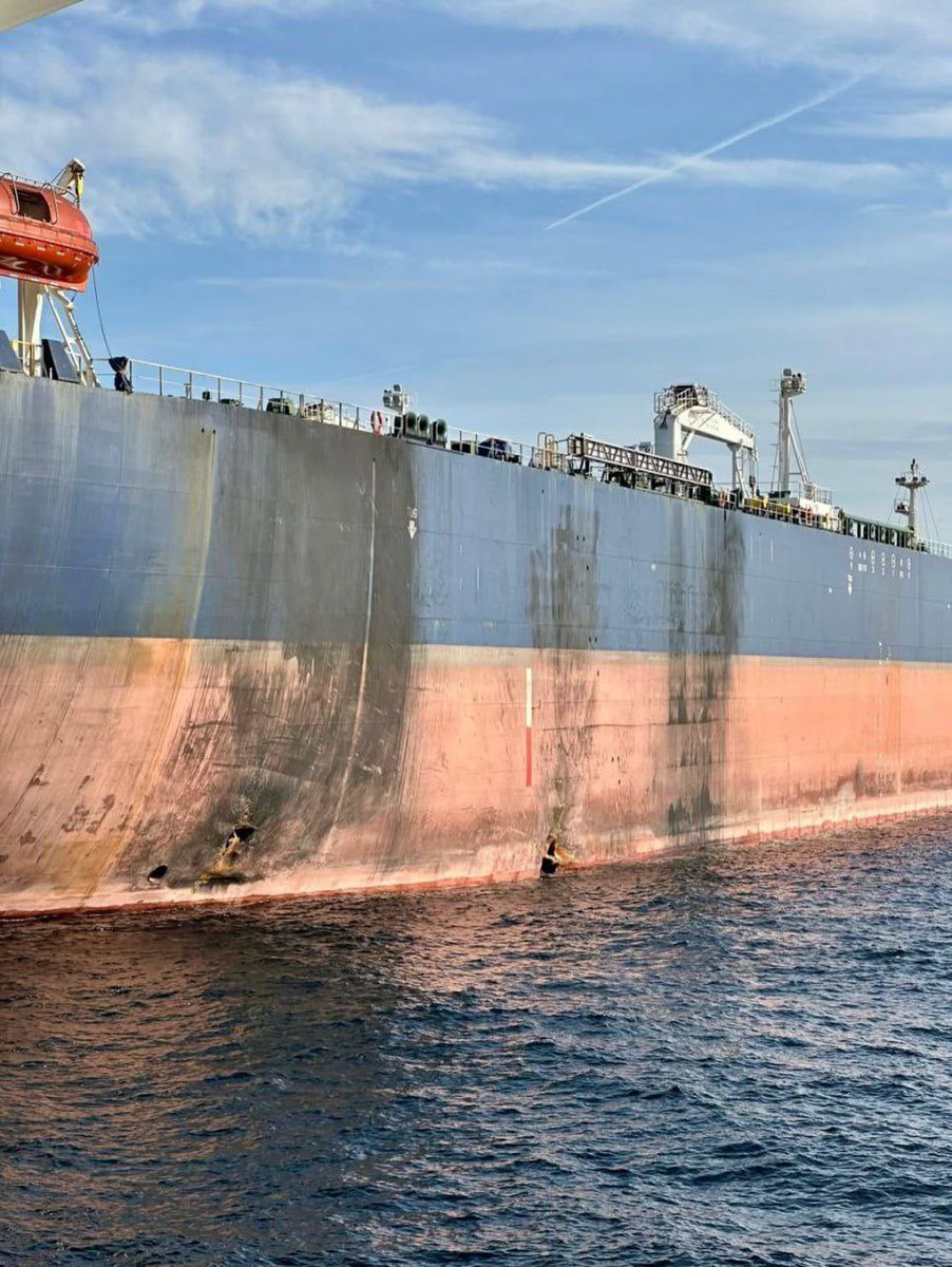 sentdefender's tweet image. Despite taking several direct hits from Ukrainian uncrewed surface vessels, both yesterday and last night, the Gambian-flagged oil tanker M/T VIRAT appears to still be afloat in the Southern Black Sea, with all fires onboard the vessel having been extinguished as she is…