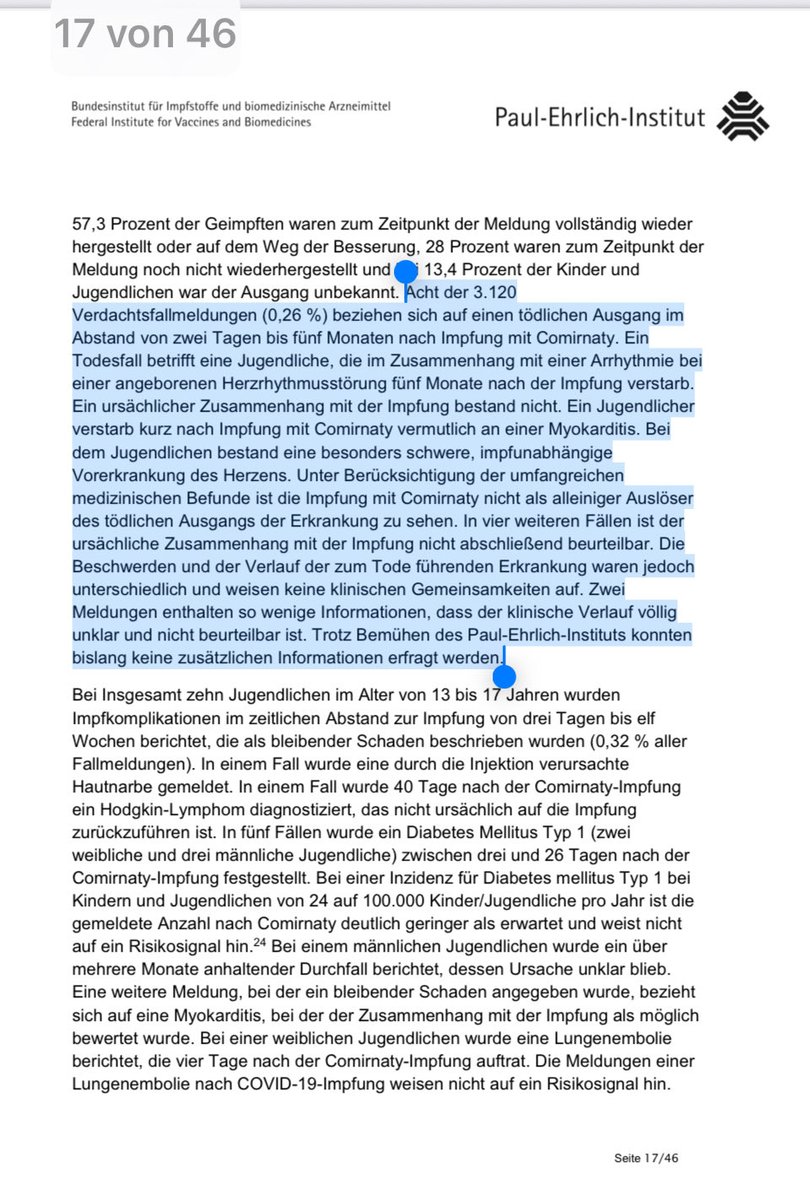1/ Laut aktuellen Untersuchungen der <a href="/FDA/">FDA</a> starben in den USA mind. zehn Kinder ursächlich (!) an der Covid-19-Impfung. 

In Deutschland wurden dem PEI bis zum 31.12.21 ACHT Todesfälle bei Kindern &amp; Jugendlichen nach der Corona-Impfung gemeldet. 

Seit dem Sicherheitsbericht vom