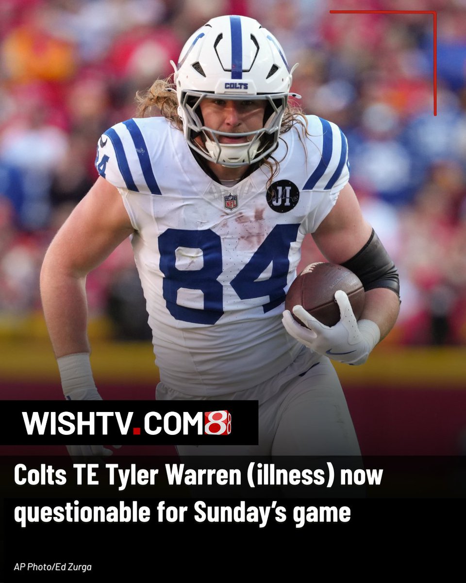 AngelaMoryanTV's tweet image. #Colts rookie tight end Tyler Warren (illness) is now questionable for tomorrow&apos;s game against the Texans. 

It would be the first game he&apos;s missed in his young career if he can&apos;t play.

MORE: tinyurl.com/ymp5c292