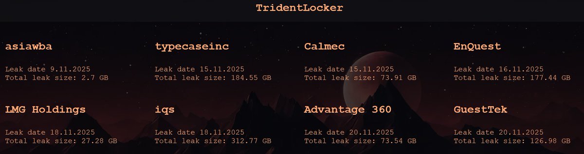 FalconFeedsio's tweet image. 🚨 Ransomware Alert:

We have begun monitoring a new ransomware group named &quot;TridentLocker&quot; They have listed 8 victims on their dark web portal.

• Typecase Marketing Resource, Inc 🇺🇸
• Calmec 🇨🇦
• EnQuest 🇬🇧
• LMG Holdings 🇺🇸
• IQS, Inc 🇺🇸
• Advantage 360 🇺🇸
• GuestTek…