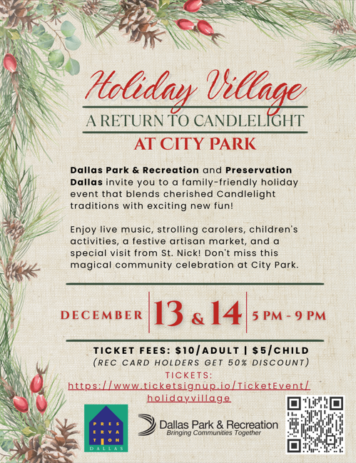 DallasParkRec's tweet photo. #DallasParks and @PreserveDallas are bringing back a beloved tradition with Holiday Village: A Return to Candlelight!🕯️🕯️
The park will be decked with the holiday spirit - with carolers, vendors, music and a visit from a very special bearded guest...🎅 🤶 
https://t.co/QNwjwYushI https://t.co/wfepZPqFhs
