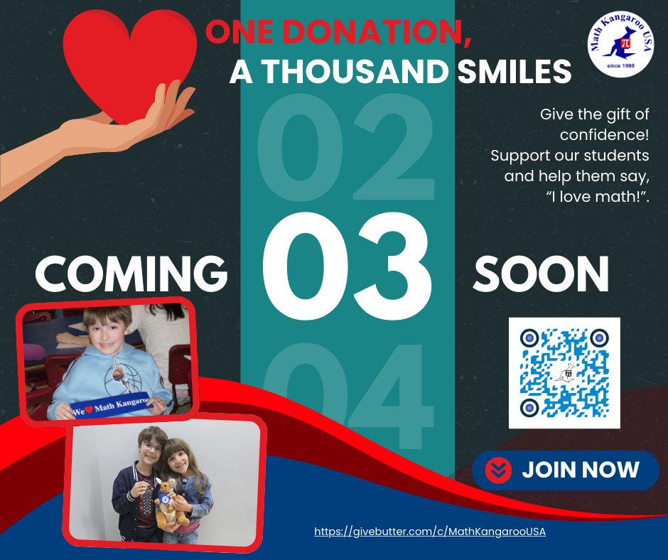 UsaKangaroo's tweet image. Save the Date! 🎉
Giving Tuesday is coming on Dec 2, 2025. Join us in inspiring kids to love math! Your support helps students in grades K–12 explore, compete, and have fun with math.
givebutter.com/c/MathKangaroo…
#MathKangaroo #GivingTuesday2025 #STEMforKids #MathFun #SupportEducation