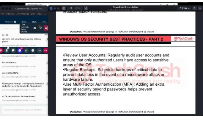 lovelyn2657941's tweet image. Just had an insightful session with @jerryolubunmi  on Windows OS
Key topics covered:
- Process vs Application
- Process management 
- File system arrangements and uses
- Program Files vs Program Files (x86)
- Security features
#LearningwithTechCrush #infosec #Trch4Africans