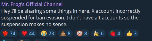 cryptogemci's tweet photo. $FreeMrFrog

Ca: 8A4hfAGmd9hMSdXsocJRrmUwz4NweuytnE3p5ErNpump

We sent 5% supply to Mr.Frog tx: https://t.co/eMM218lgdU

We should send this to moon, He is my goat.

Join Mr.Frog's Official telegram: https://t.co/WsFK5VV3rL(we miss you frog)

#freemrfrog https://t.co/tBoWtBbnB5
