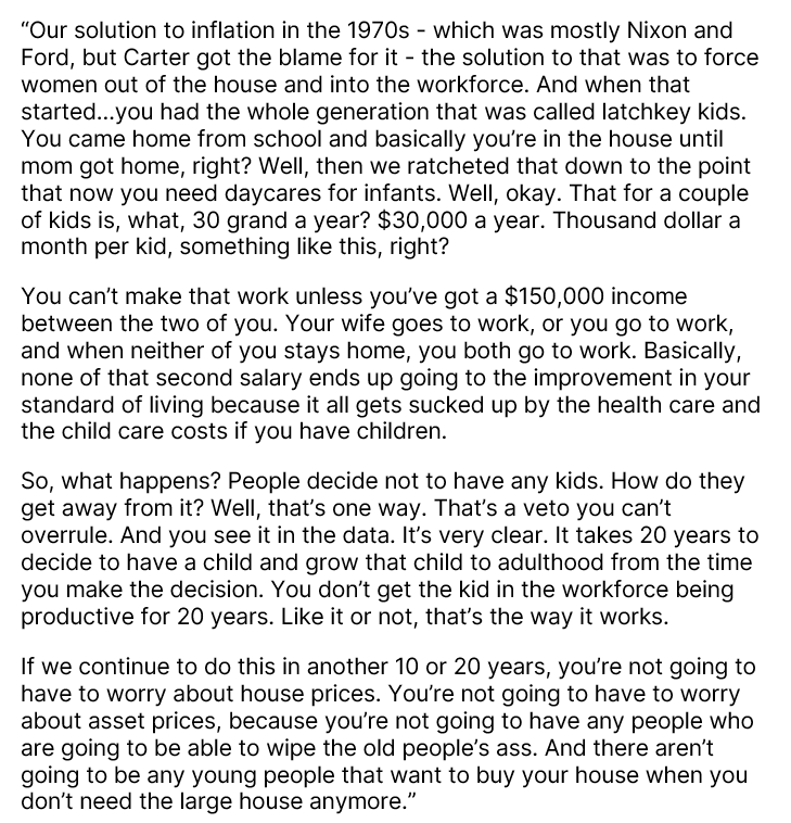 RudyHavenstein's tweet image. &quot;Our solution to inflation in the 1970s...was to force women out of the house &amp;amp; into the workforce…Basically, none of that second salary ends up going to the improvement in your standard of living because it all gets sucked up by health care &amp;amp; child care costs&quot;

Karl Denninger…