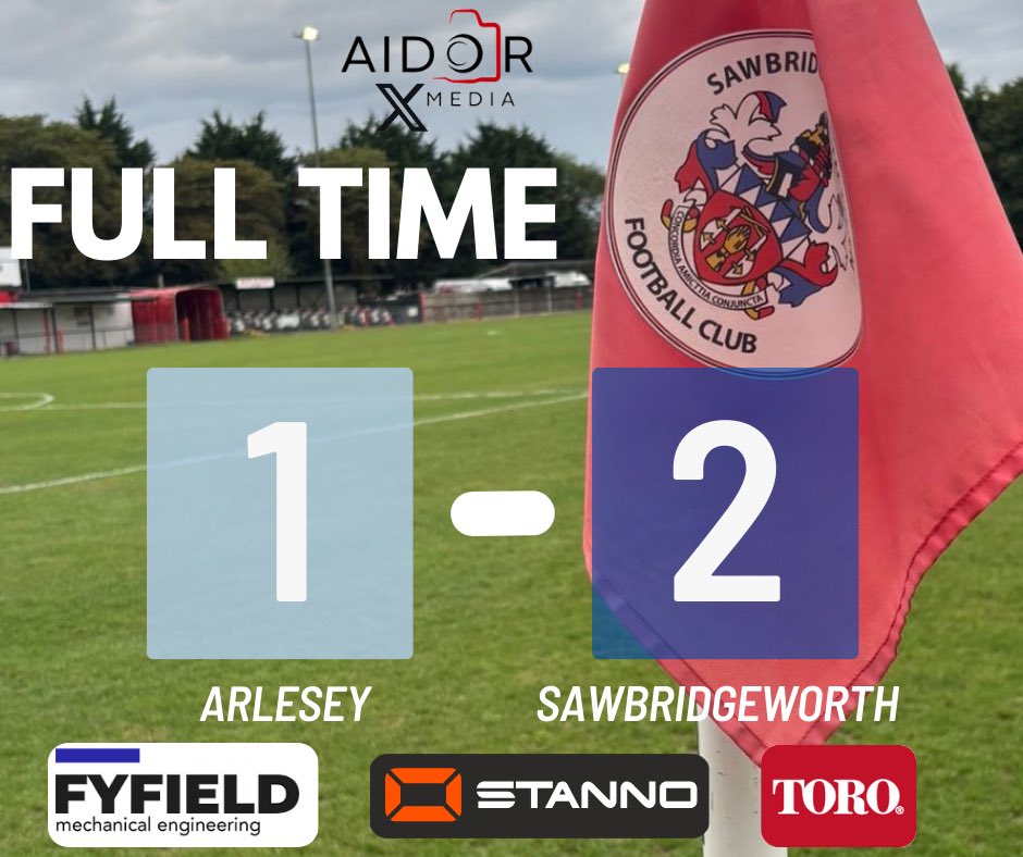 Full time: Arlesey Town 1-2 Sawbridgeworth 

The hosts hit the cross bar in the last minute but we hold on for a massive three points away from home 

UP THE SAWBO ⚫️🔴⚫️🔴