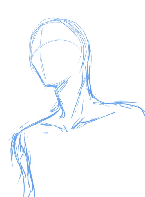 ちょっと前にアオリの描き方みたいな話題が盛り上がってましたが、私は単純に頭部に十字入れて目鼻の位置を最初に決めたのみで描いちゃうタイプです(適当すぎ…?) アオリになると鼻筋は短く、目はやや垂れる。 ところでアオリには関係なく、鎖骨を描くと中心取りやすいです