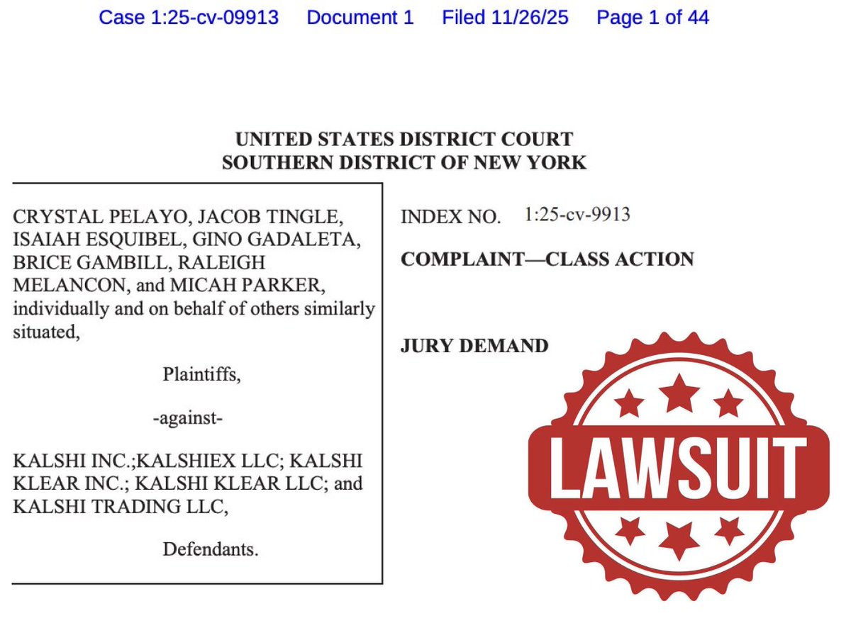 🚨: KALSHI IS IN SERIOUS LAWSUIT TROUBLE

And the entire market is about to feel it...

Kalshi is now facing a nationwide class-action lawsuit in SDNY. 

The filing claims they operated as an illegal sportsbook and misled users into thinking they were trading against other