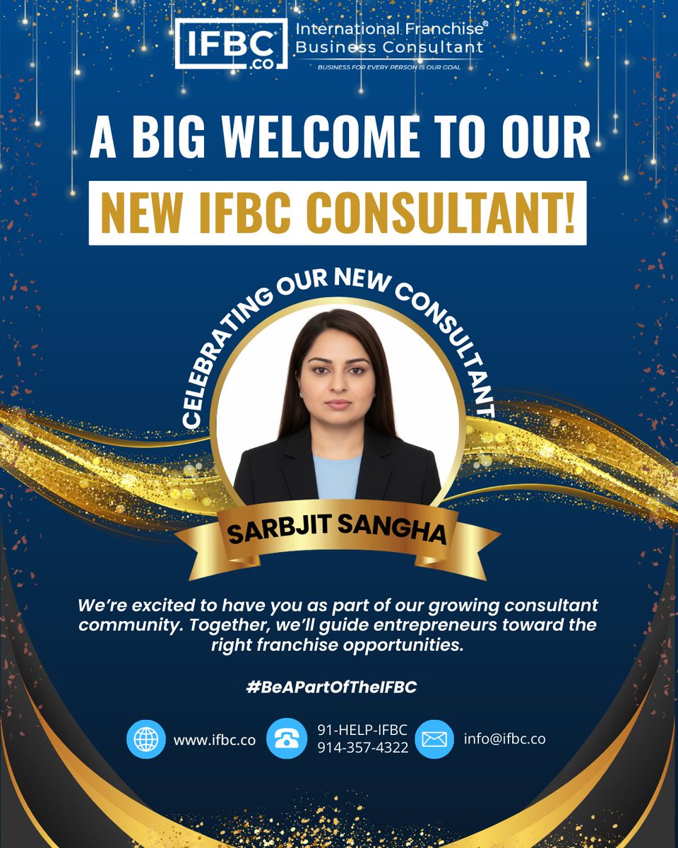 ifbc_co's tweet photo. Celebrating our new IFBC Franchise Consultant, Sarbjit Sangha!

Every new member strengthens our mission to guide entrepreneurs toward the right franchise opportunities.

Welcome to a community built on growth, collaboration, and long-term success.

#BeAPartOfTheIFBC #IFBC https://t.co/USulG7B7bh