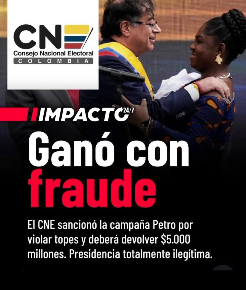 <a href="/AnibalGarzon/">Aníbal Garzón 🌎</a> Ojalá <a href="/realDonaldTrump/">Donald J. Trump</a> también esté pendiente de Colombia para que no vuelvan a robarse las elecciones,como lo hizo Petro con su tramposa campaña presidencial como lo concluyó el <a href="/CNE_COLOMBIA/">CNE Colombia</a> y que aunque lo nieguen piensan volver a hacerlo, rodeados de corruptos y mafiosos.