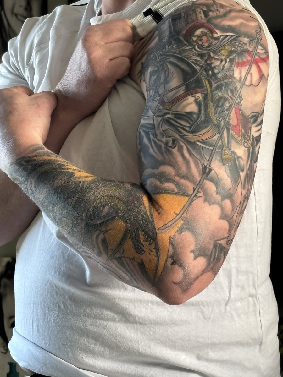 shellstomper's tweet photo. @TRobinsonNewEra They said St George is offensive so I got this kick ass tattoo. https://t.co/XftopllIoZ