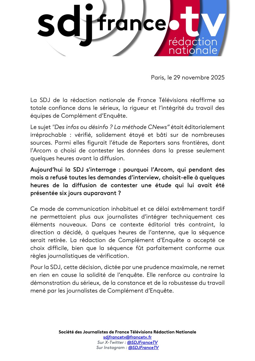La SDJ de la rédaction nationale de France Télévisions réaffirme sa totale confiance dans le sérieux, la rigueur et l’intégrité du travail des équipes de <a href="/Cdenquete/">Complément d'enquête</a> ⬇️