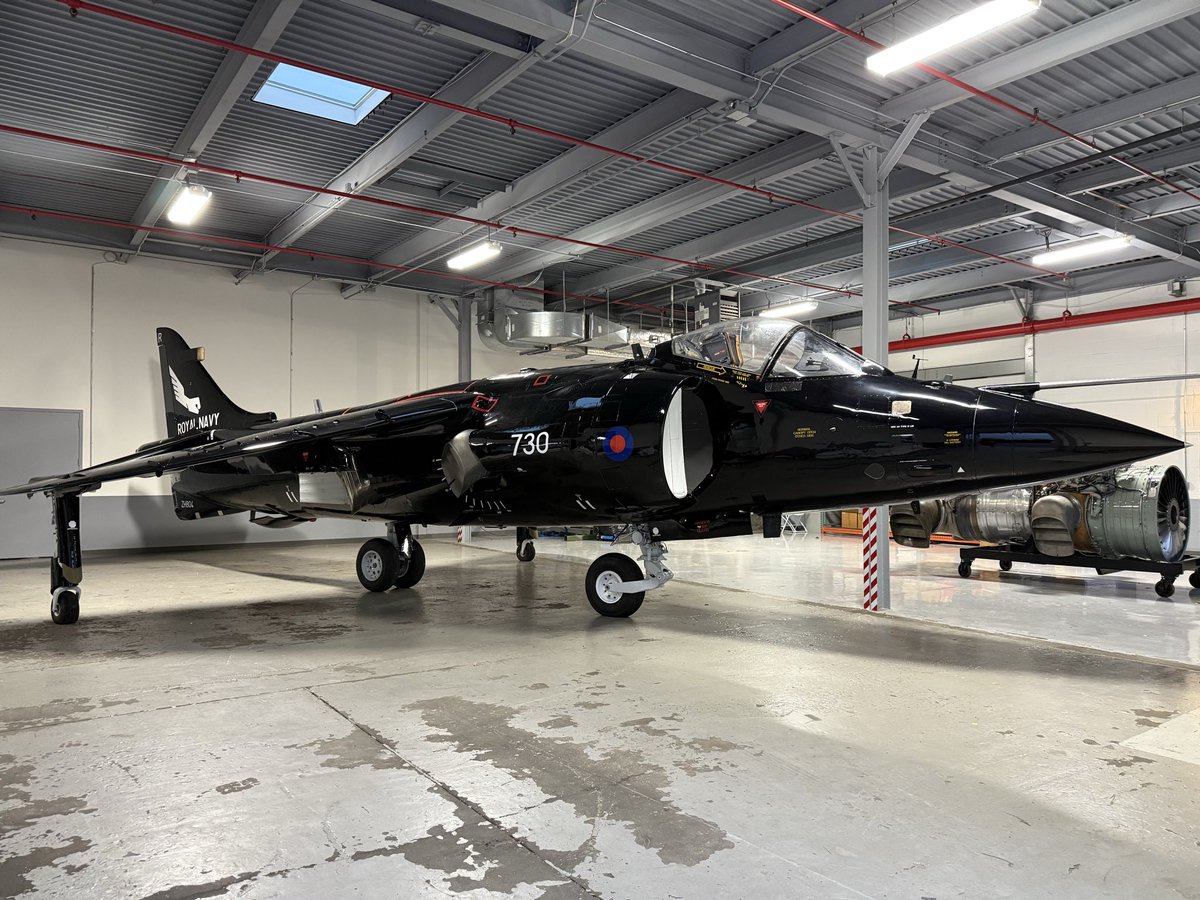 JetArtAviation's tweet photo. Check out the end results of our latest restoration project!

Clients brief: “Create a unique Sea Harrier FRS1 tribute aircraft finished in gloss black with contrasting 899 NAS markings”

ZH804 served on 899 NAS in 2003 so seemed a fitting candidate to wear this special tribute paint scheme. The nose modification is a throwback to the early days of Royal Navy Sea Harrier operations. 

Hope you like it! Let us know what you think