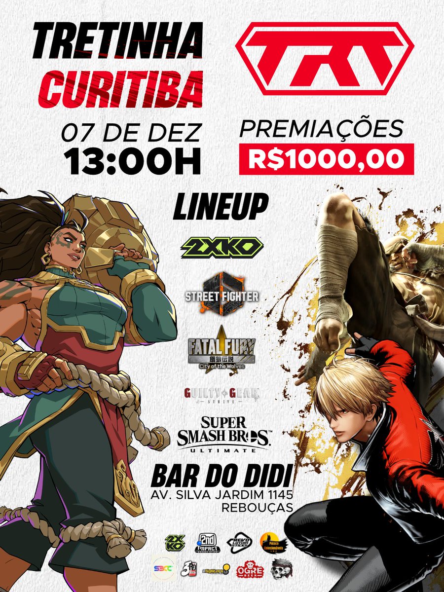 🚨 TRETINHA Dezembro 🚨
Fechando o ano com 🔑 de ouro! O Tretinha de dezembro chega pesado com um lineup que vai incendiar o Bar do Didi 🔥

🏆 Fatal Fury, 2XKO, SF6, GGStrive e Smash Bros Ultimate
📅 Data: 07 de dezembro
🕓 Horário: a partir das 14:00
📍 Local: Bar do Didi – Av.