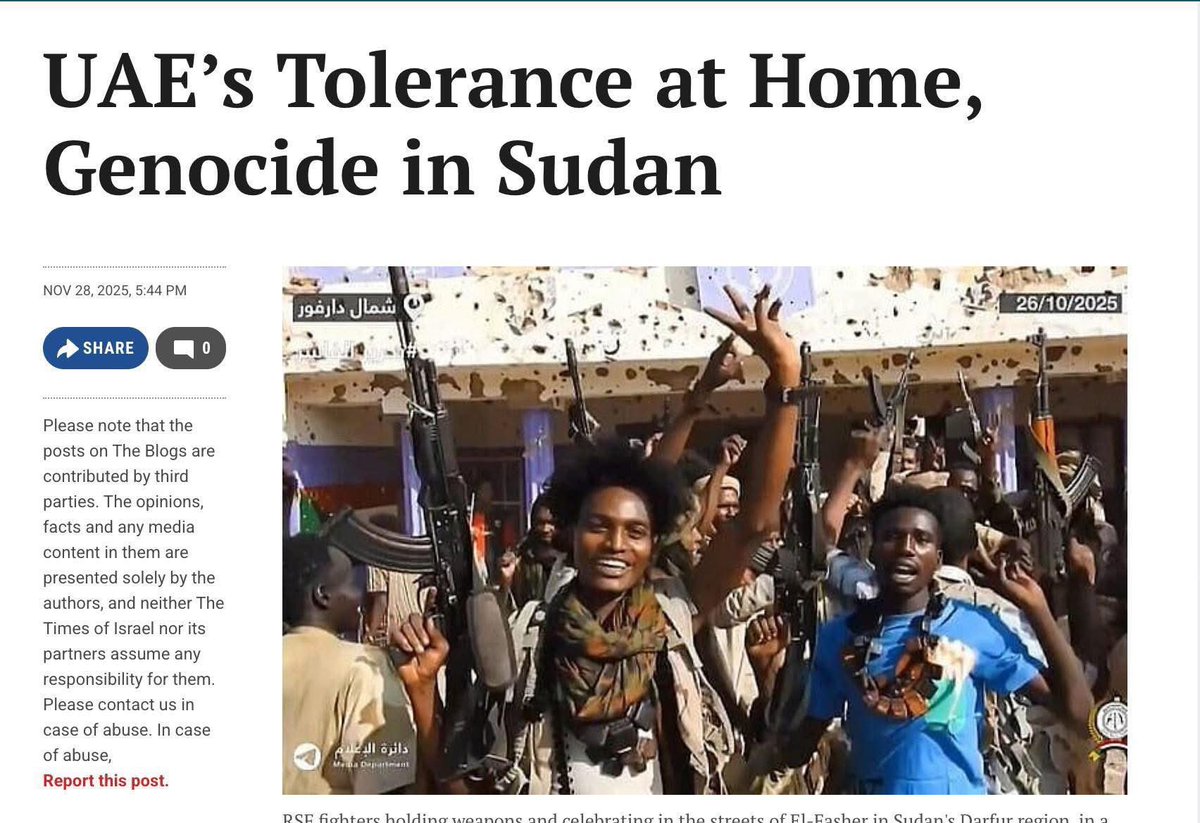 صحيفة تايمز اوف اسرائيل : 

الامارات تظهر تسامحاً داخلياً لكنها ترتكب ابادة في السودان .

يبدوا ان الكيان سيتخلى عن الامارات بعد نية الادارة الامريكية بتصنيفها منظمة ارهابية .

ستتنصل الامارات قريباً عن المليشيا وتكلفتها الاخلاقية العالية وستترك ( صمود ) وحيدة تبكي في الزاوية .