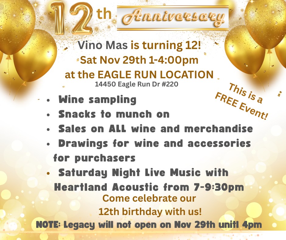 It may be a winter wonderland out there, but roads are not bad. We are still planning to hold our Anniversary party today! Wine, Food, Giveaways and Drawings: 1-4pm TODAY! Shop Small Business Saturday, Shop Local. #SmallBusinessSaturday, #vinomas