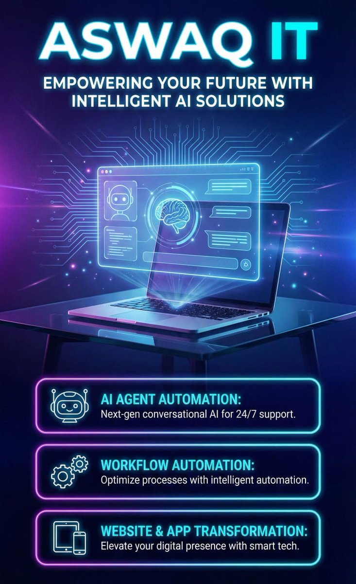 aswaqit's tweet image. At ASWAQ IT we drive your success with cutting-edge digital solutions Our expertise in Web and App development, paired with AI Agent Automation boosts efficiency and market leadership Experience seamless integration of innovation #DigitalAdvancement #WebDevelopment #AIIntegration