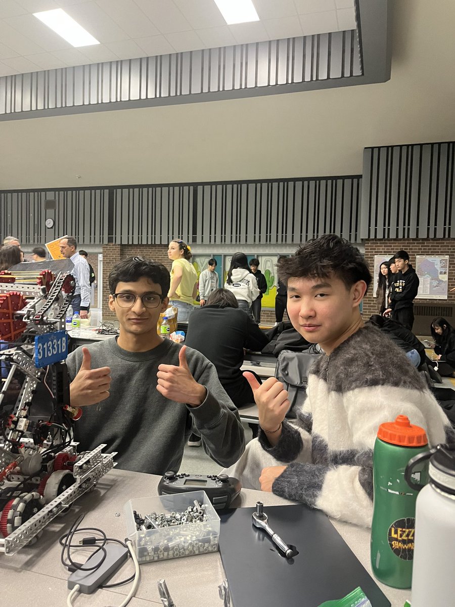Bronbo's tweet photo. Hey Twitter, at a robotics competition, with team 31331B! We’re off to quite a poor start but morale is still high! After today, I’m not the biggest fan of boba but hey, @aksheeetha and @advay_c are still with me! https://t.co/TXQMkvv5P8