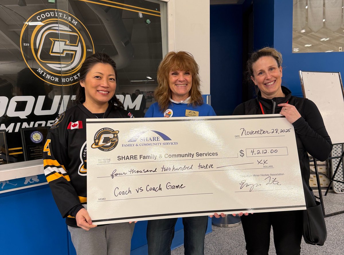 CoquitlamMHA's tweet photo. Thanks to each and every one of you who came out to CMHA's Coach vs Coach Game last night!!  What an evening!  Your support allowed us to donate $4,212, plus another $310 from the silent auction to @SHARESociety!  THANK YOU! https://t.co/qhKCqS7SmC