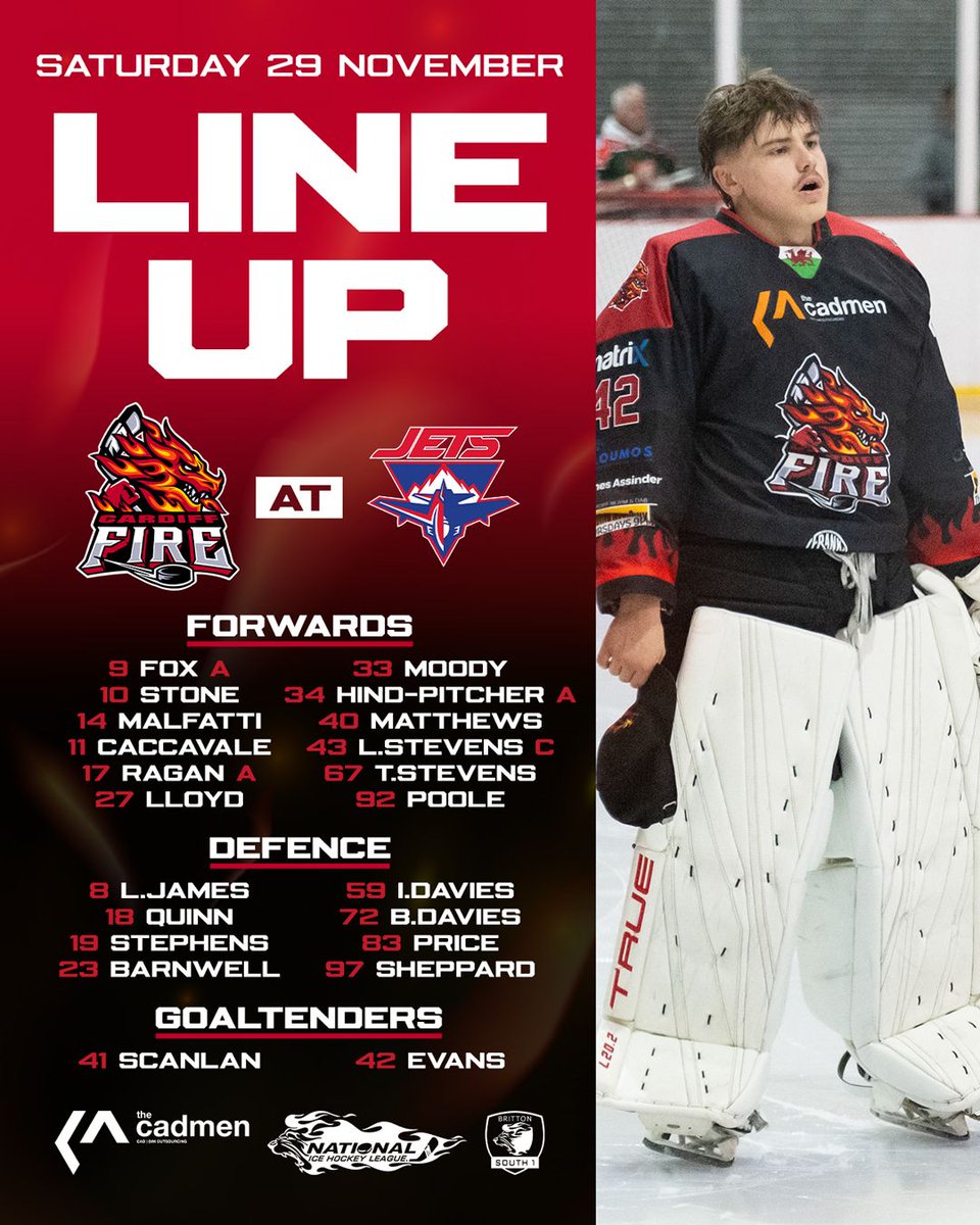 Your Fire line-up in Slough tonight 🔥💪

🔴 41 Ben Scanlan starts in net 🥅
🔴 59 Iwan Davies, 83 Rob Price and (birthday boy) 42 Brochan Evans are back in the line-up 🙌

#CF10Years #FireHockey #FireItUp