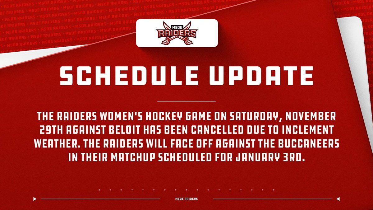 🚨𝐒𝐂𝐇𝐄𝐃𝐔𝐋𝐄 𝐂𝐇𝐀𝐍𝐆𝐄🚨 

@msoe_whockey game against the Beloit Buccaneers has been cancelled due to inclement weather.  The Raiders and Buccaneers will still faceoff on January 3rd.

#TheRaiderWay #d3hky