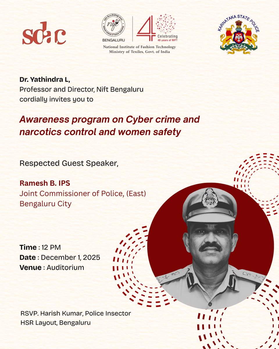 ಬೆಂಗಳೂರು ನಗರ ಪೊಲೀಸ್, ಆಗ್ನೇಯ ವಿಭಾಗದ ವತಿಯಿಂದ NIFT‌, ಹೆಚ್.ಎಸ್.ಆರ್‌ ಲೇಔಟ್ ನಲ್ಲಿ ವಿದ್ಯಾರ್ಥಿಗಳಿಗೆ ಸೈಬರ್ ಅಪರಾಧ - ಮಾದಕ ವಸ್ತು ನಿಯಂತ್ರಣ – ಮಹಿಳಾ ಸುರಕ್ಷತೆ ಬಗ್ಗೆ ಜಾಗೃತಿ ಮೂಡಿಸುವ ನಿಟ್ಟಿನಲ್ಲಿ  ಕಾರ್ಯಕ್ರಮ ಆಯೋಜಿಸಲಾಗಿದೆ. <a href="/BlrCityPolice/">ಬೆಂಗಳೂರು ನಗರ ಪೊಲೀಸ್‌ BengaluruCityPolice</a> <a href="/DgpKarnataka/">DGP KARNATAKA</a> <a href="/AddlCPEast/">ADDL. CP EAST</a> <a href="/Cyberdost/">CyberDost I4C</a>  #Awareness #cybercrime