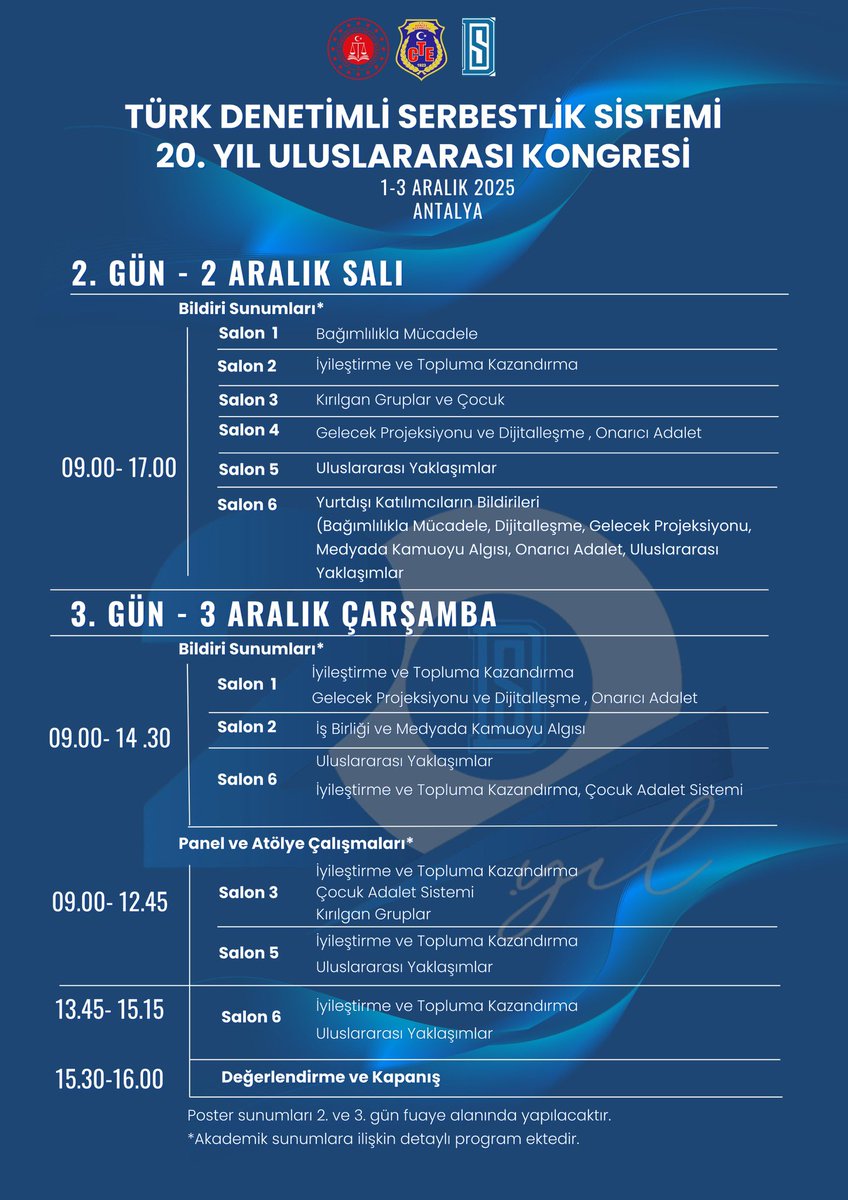 🇹🇷Türk Denetimli Serbestlik Sistemi 20. Yıl Uluslararası Kongresi

🗓️1-3 Aralık 2025 tarihlerinde Antalya ATGV’de gerçekleştirilecek olan “Türk Denetimli Serbestlik Sistemi 20. Yıl Uluslararası Kongresi” için tüm hazırlıklarımızı tamamladık.

🔭Kongremiz akademi ve bilim dolu bir