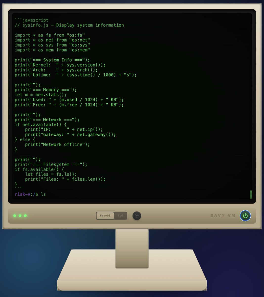 elribonazo's tweet image. Added a bunch of improvements to linux.jribo.kiwi, F+ crazy.

1. Javascript runtime
2. System Packages os:fs, os:sys, os:net
3. Filesystem, cat, ls, cd, pwd

Kernel can now run Javascript scripts natively, only around 4MB still in decent size