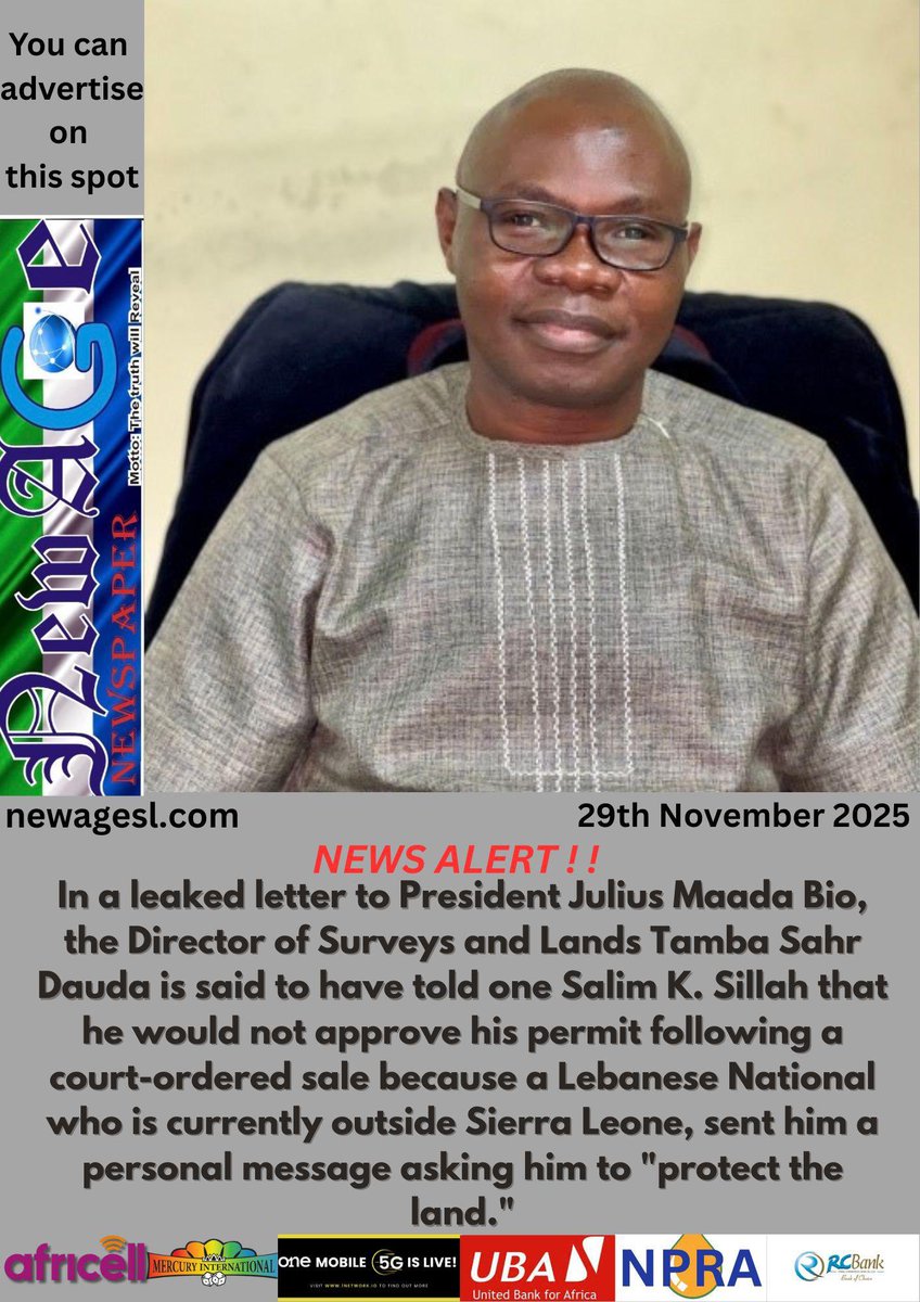 thomasd05987132's tweet photo. Sierra Leone Director of Lands #TambaSahrDauda has responded to the purchaser of court-ordered sale of land at Hill Cot Road that he will not sign the order because he is protecting the land for a “Lebanese National” outside of the country.
#Dauda reiterated to a local
Newspaper that the land in question is owned by the Koussa Family and that he is protecting it for them despite the High Court of Sierra Leone has sold the land
Question on the minds of people why would a Director of Land protect land for others when the court has looked into the matter and ordered for it to be sold???
@julius_maadabio
@VP_Jalloh
@dsengeh
@JudiciaryofSL
@TuradSenesie
@Turad10