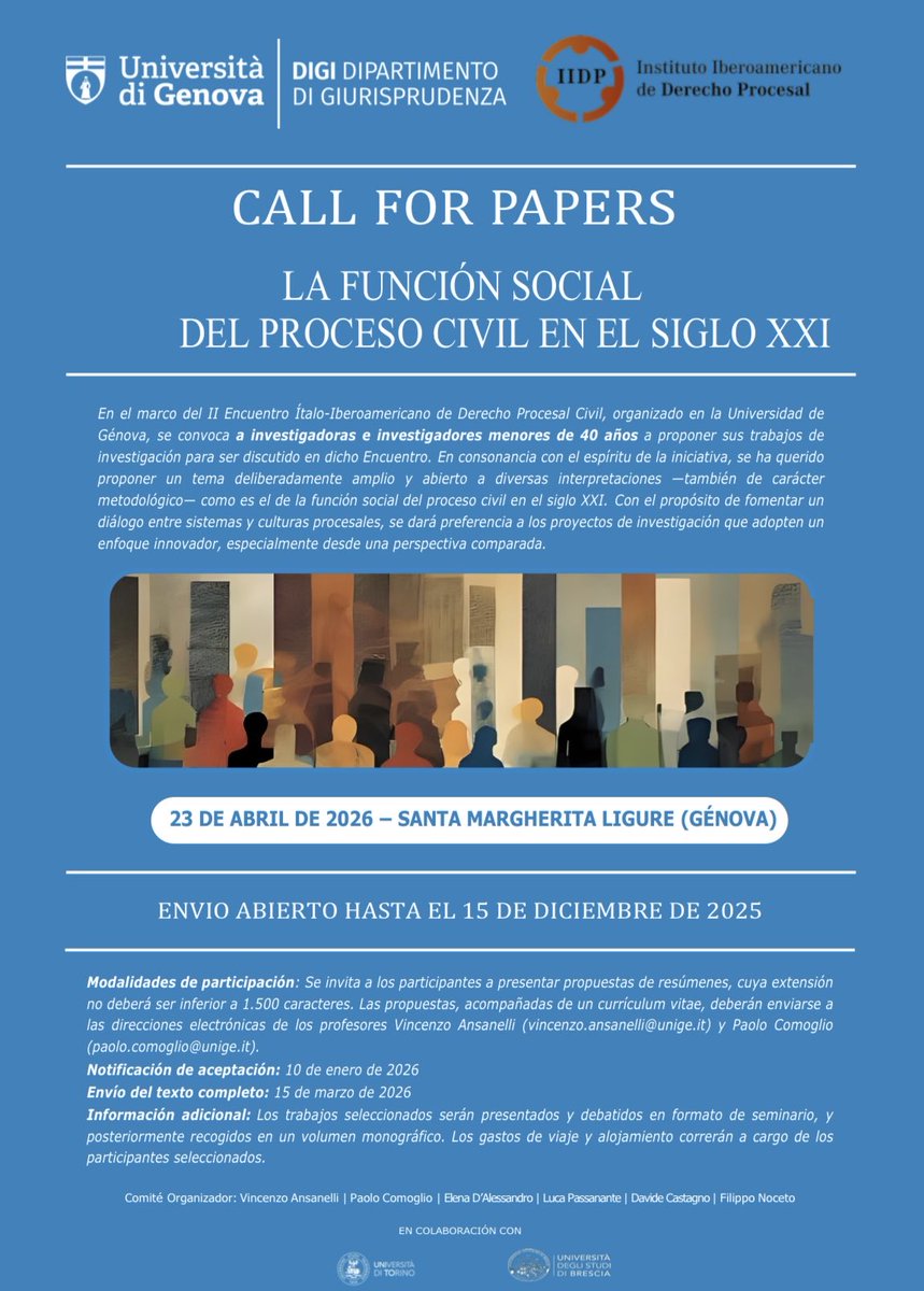 IIBDP's tweet image. Call for papers: La función social del proceso civil en el siglo XXI
📣 ¡Ampliación de convocatoria!Recuerda que si tienes menos de 40 años, tienes hasta el 15 de diciembre para enviar tu propuesta.